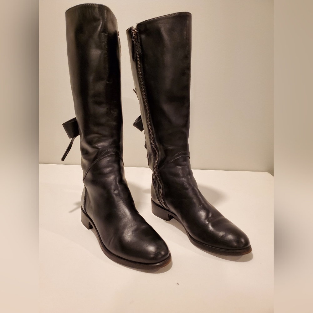 Valentino Ascot Ribbon Lace-Up Boots Black Leather Size 38 1/2 Knee High